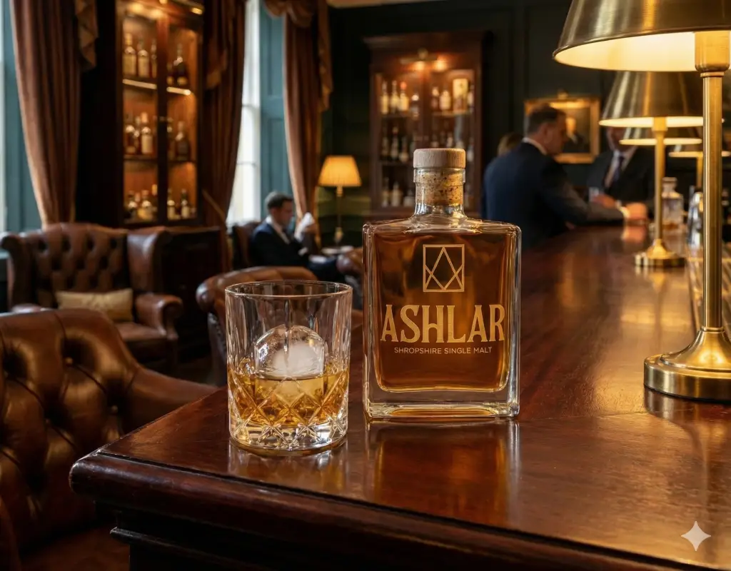 Ashlar Single Malt bottle and glass